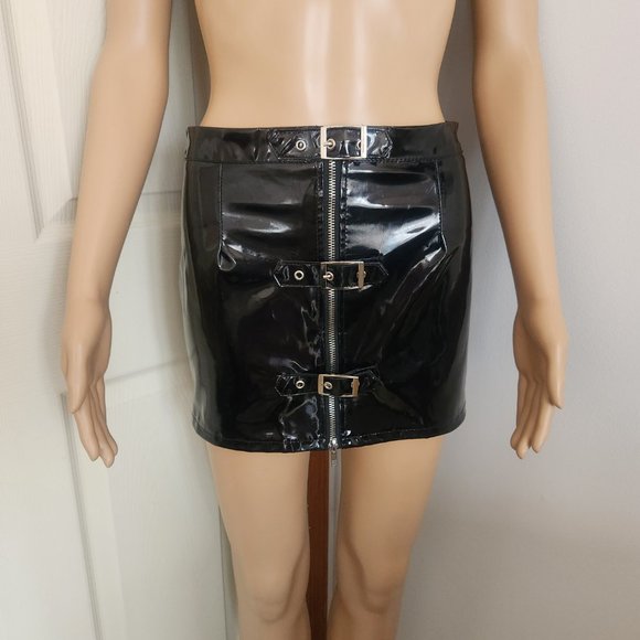 Wet Look PVC Mini Skirt Latex Fetish Clubwear Vinyl Buckles Zipper Size S - Picture 6 of 16